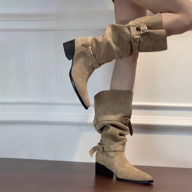 Autumn Khaki Suede Pointed-Toe Boots With Chunky Heels For Women