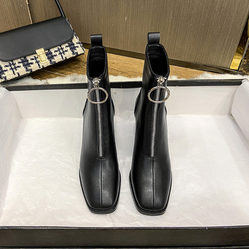 Womens Square-Toe Leather Chunky-Heel Boots In British Style