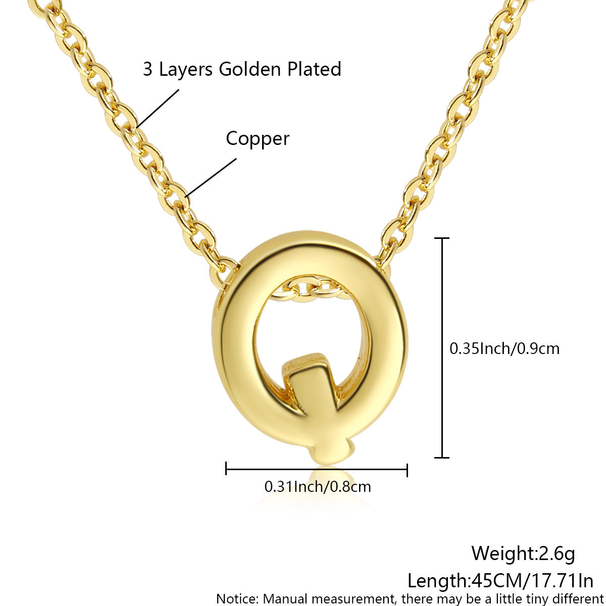 Gold-Plated Copper Necklace With 26 Uppercase English Letters Finely Polished Perforated Pendant On An Exquisite Chain