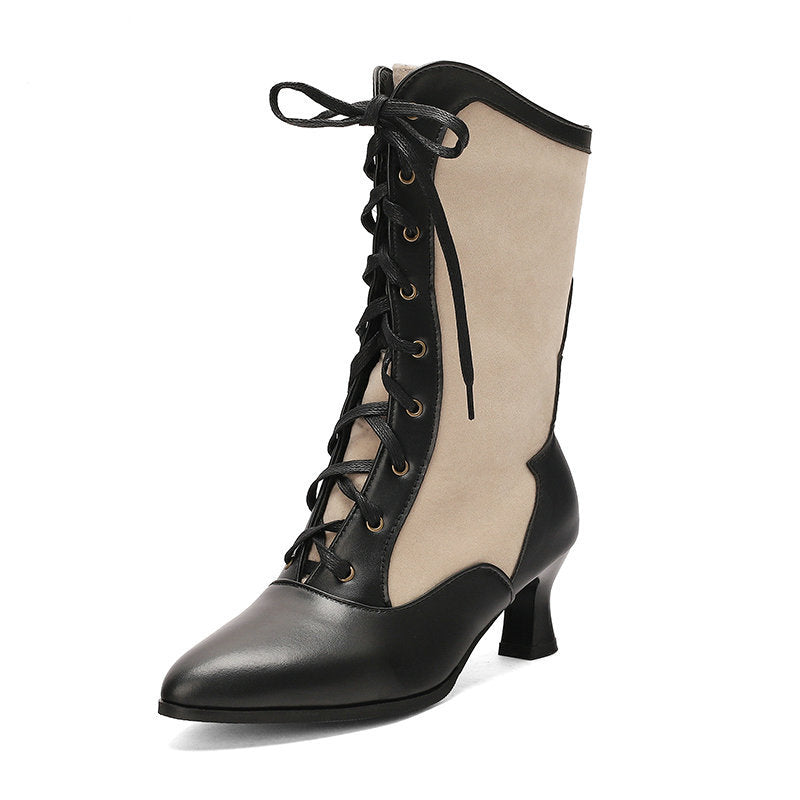 Pointed-toe High-heeled Color-block Womens Over-the-knee Boots With Front Lacing