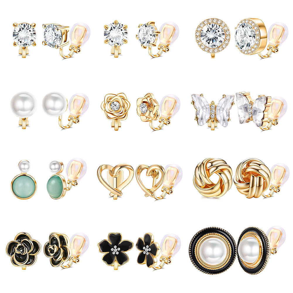 Womens Butterfly Flower Pearl Clip-On Earring Set