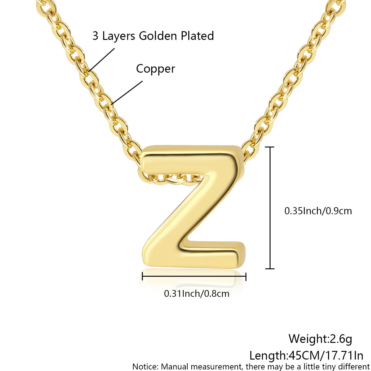 Gold-Plated Copper Necklace With 26 Uppercase English Letters Finely Polished Perforated Pendant On An Exquisite Chain