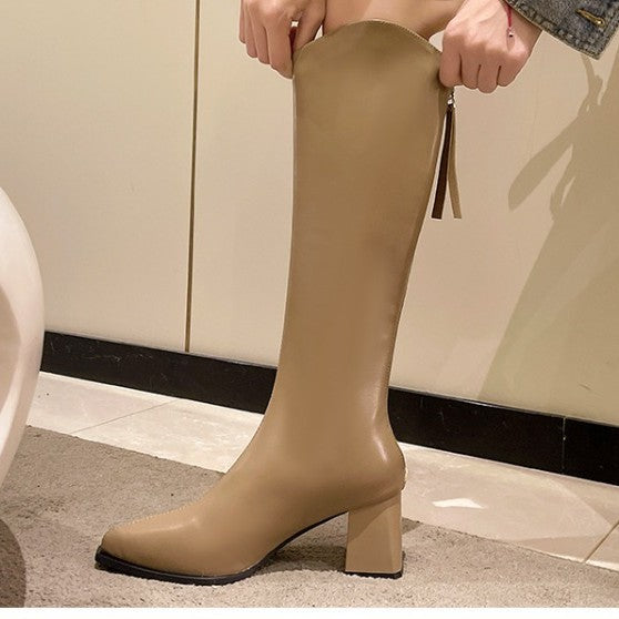FallWinter Plus-Size Womens Chunky-Heel Pointed-Toe Mid-Calf Fashion Boots In A Casual Style