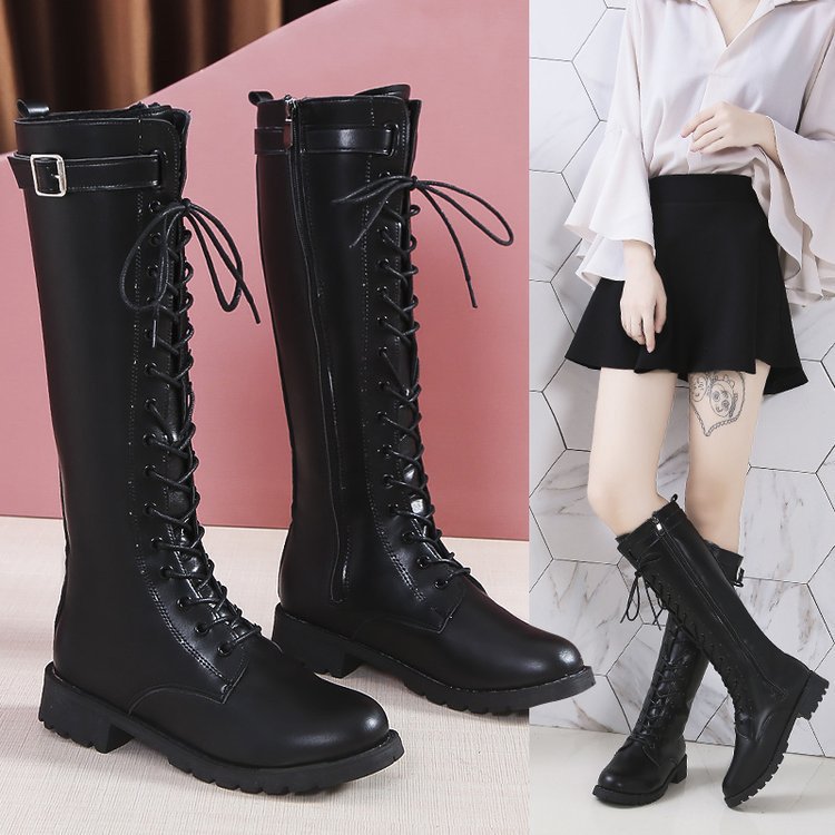 Womens Mid-heel High Boots With Laces And Buckles