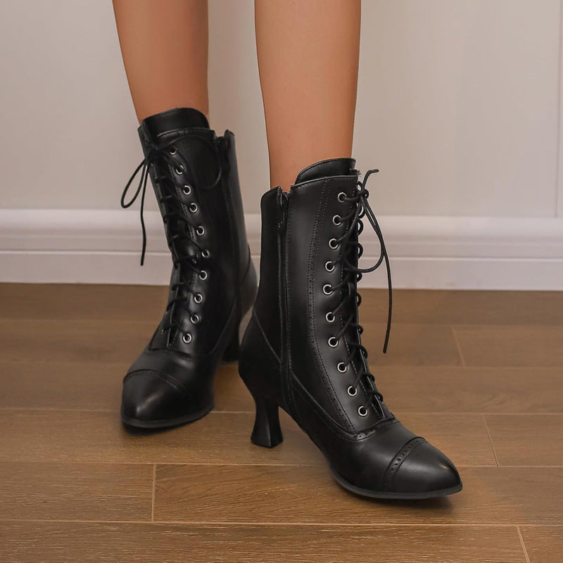 Womens Vintage Granny Renaissance-style Ankle Boots Low-heeled Lace-up Booties With Zippers