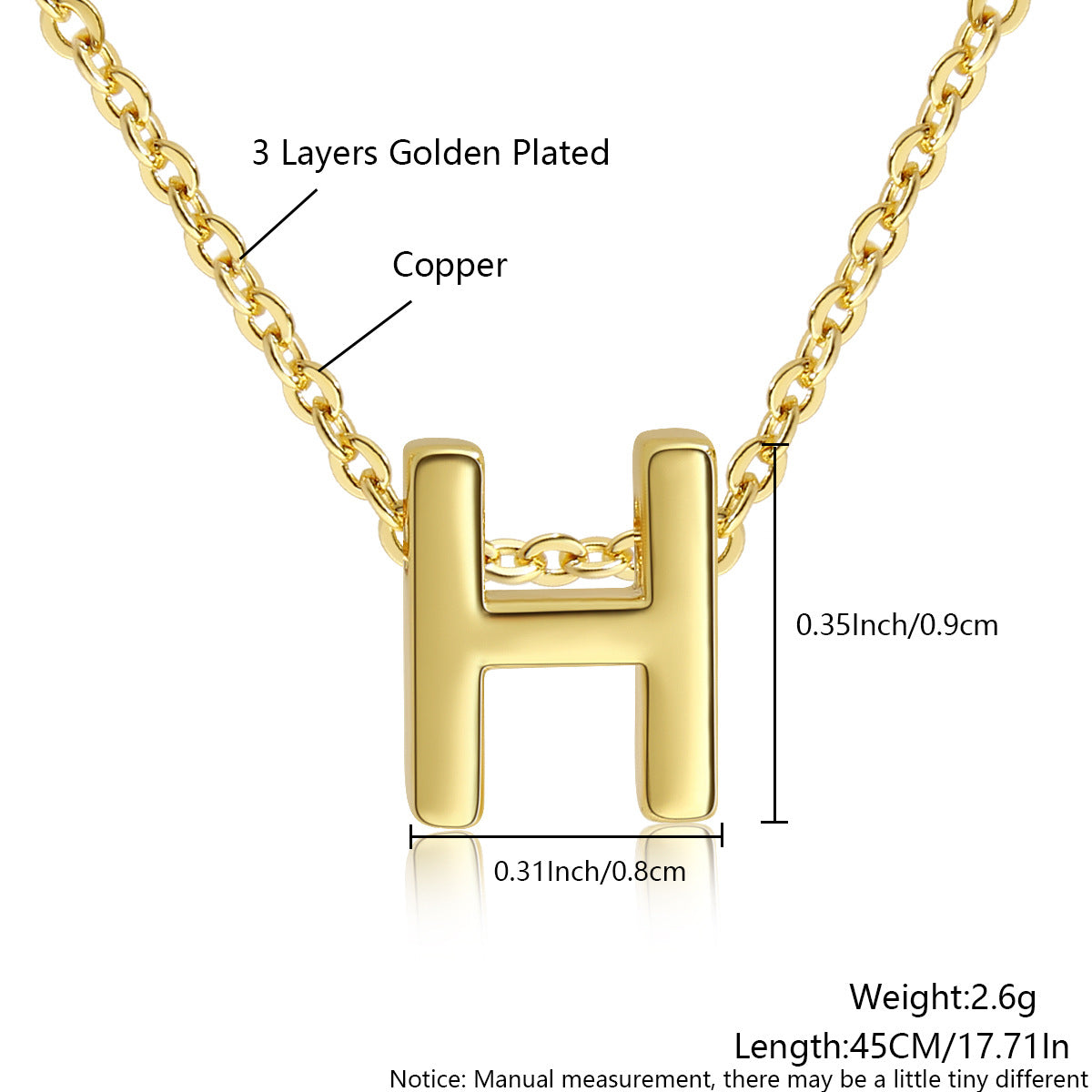 Gold-Plated Copper Necklace With 26 Uppercase English Letters Finely Polished Perforated Pendant On An Exquisite Chain