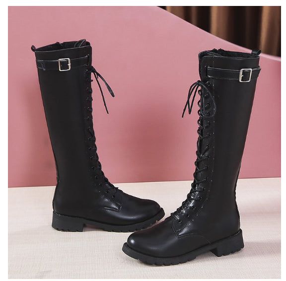 Womens Mid-heel High Boots With Laces And Buckles