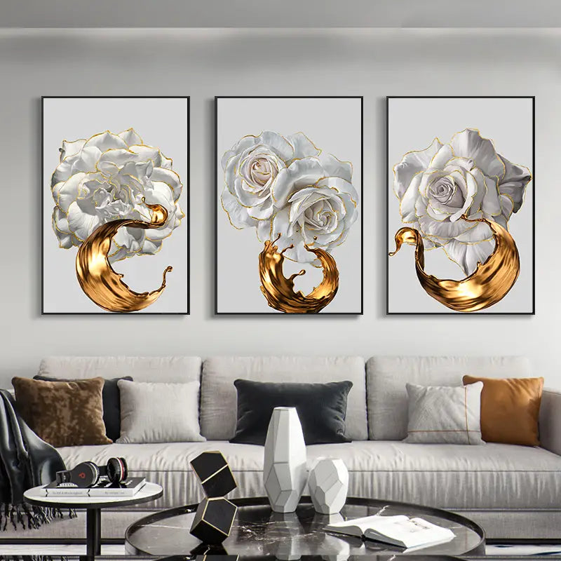 3pcs White Roses Golden Fluid Canvas Art Prints