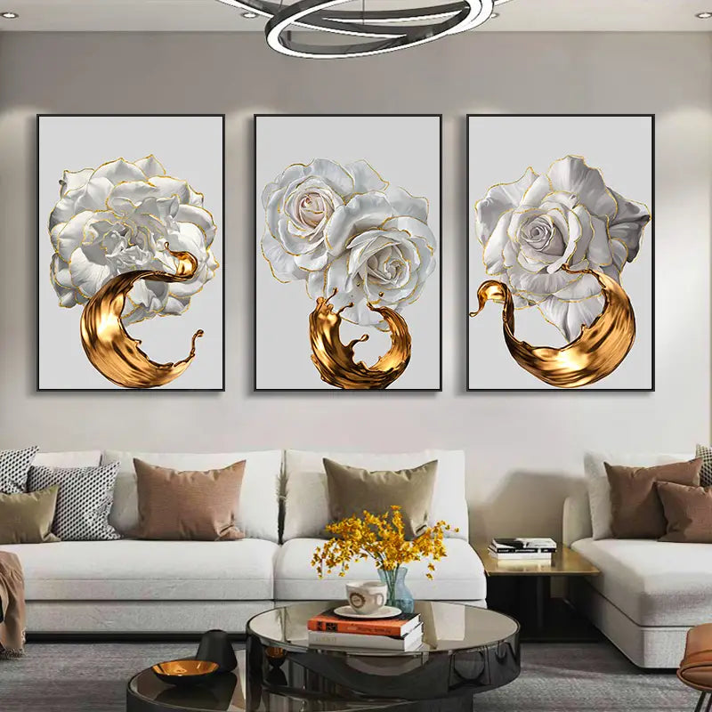 3pcs White Roses Golden Fluid Canvas Art Prints