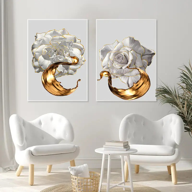 3pcs White Roses Golden Fluid Canvas Art Prints