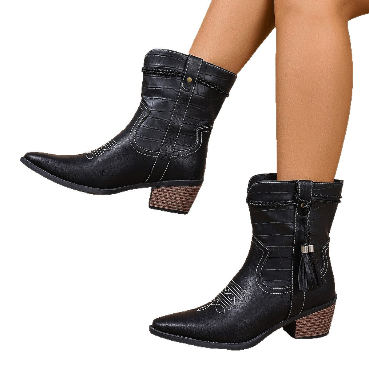 Pointed-toe Square-heel Denim Boots For Women