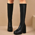 Chunky-Heeled Slimming Plus-Size Womens Leather Boots With Round Toes And Tall Shafts