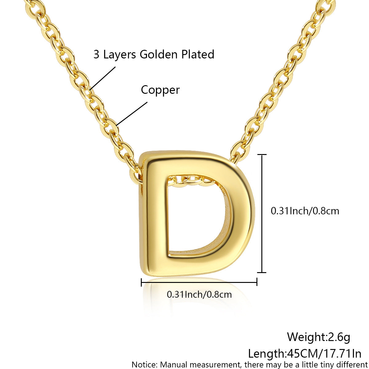 Gold-Plated Copper Necklace With 26 Uppercase English Letters Finely Polished Perforated Pendant On An Exquisite Chain
