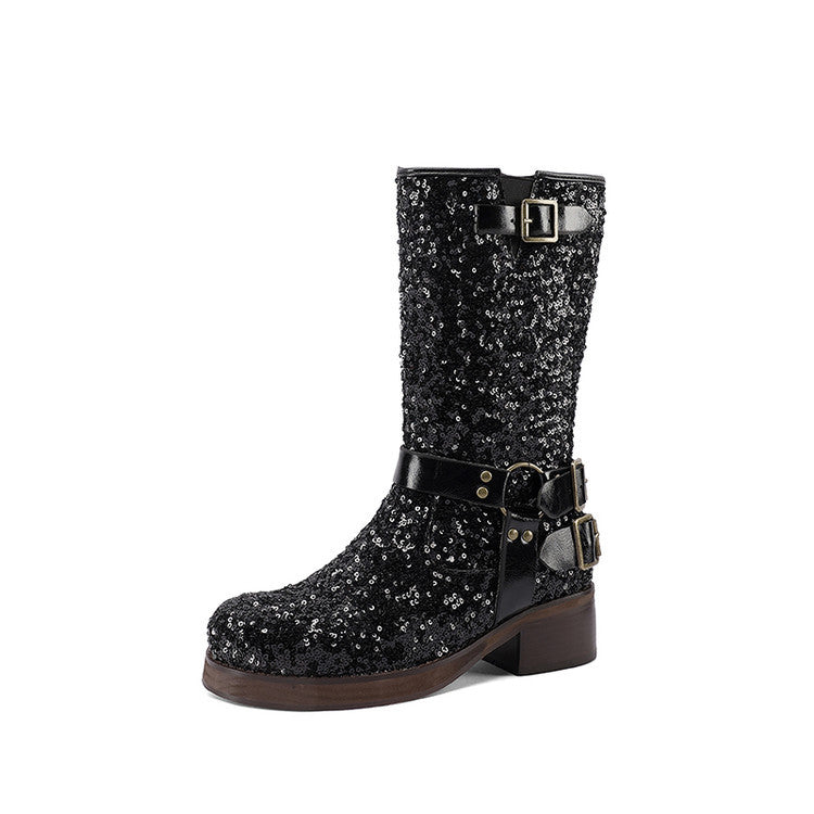 Womens Leather Mid-Calf Boots With Sequin Belt Buckles