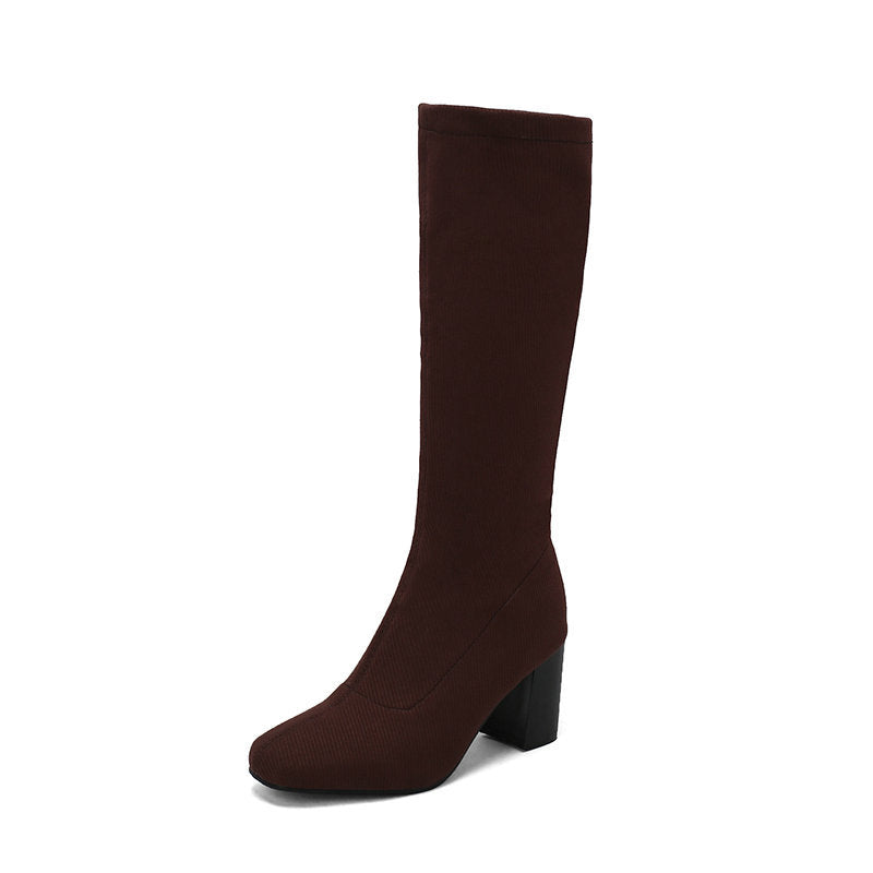 Womens Stretchy Chunky Heel Over-the-Knee Boots