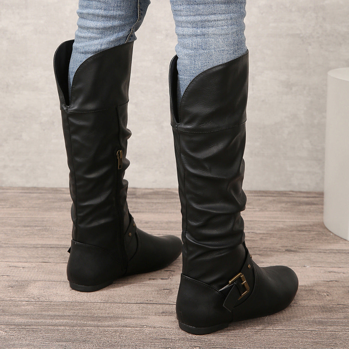Retro-cuff Leather Belt-buckle Round-toe Womens Boots