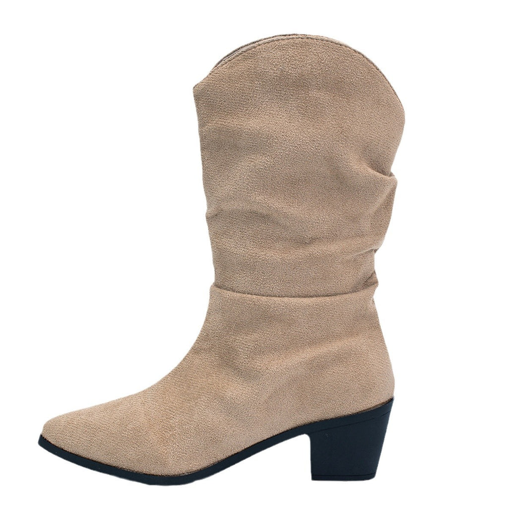 New Chunky Heel Pointed Toe Denim Midcalf Boots