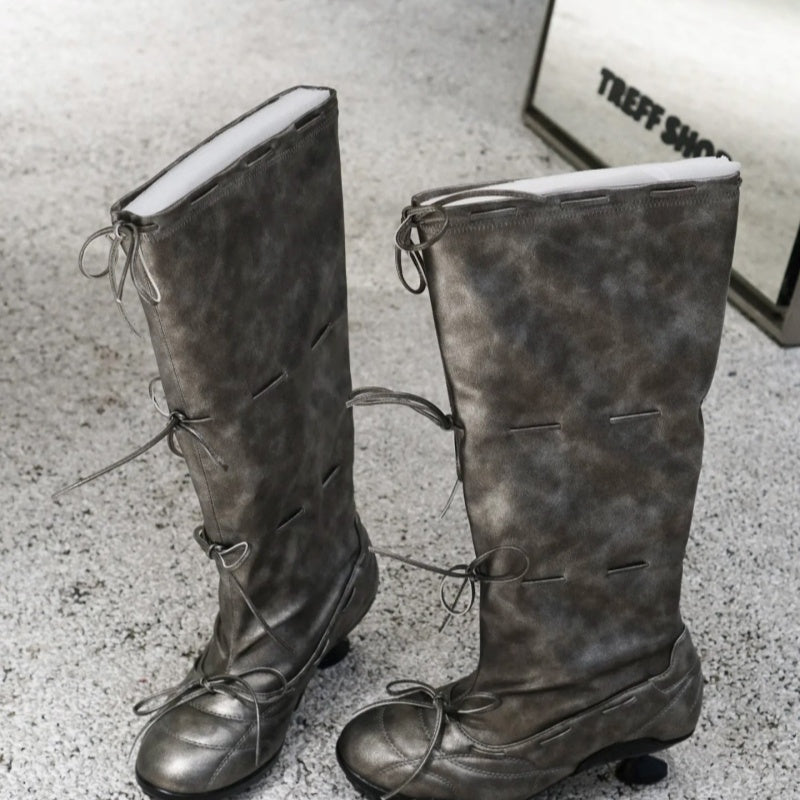 Retro Petite High Heel Ballet Thigh-High Fashion Boots With Bow Tie Straps