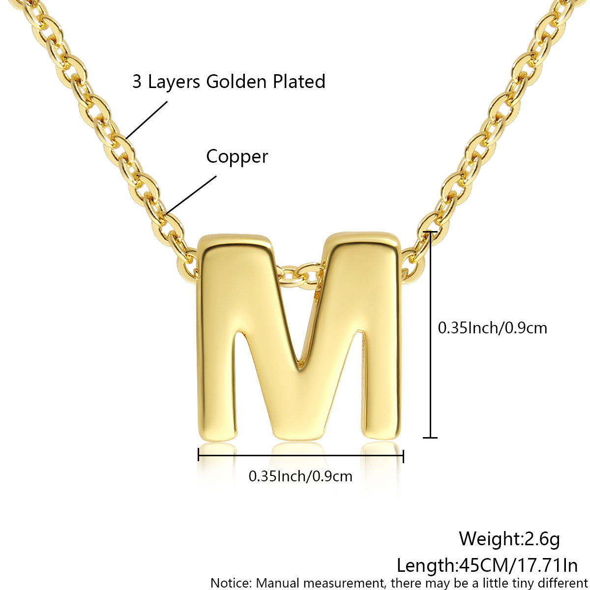 Gold-Plated Copper Necklace With 26 Uppercase English Letters Finely Polished Perforated Pendant On An Exquisite Chain