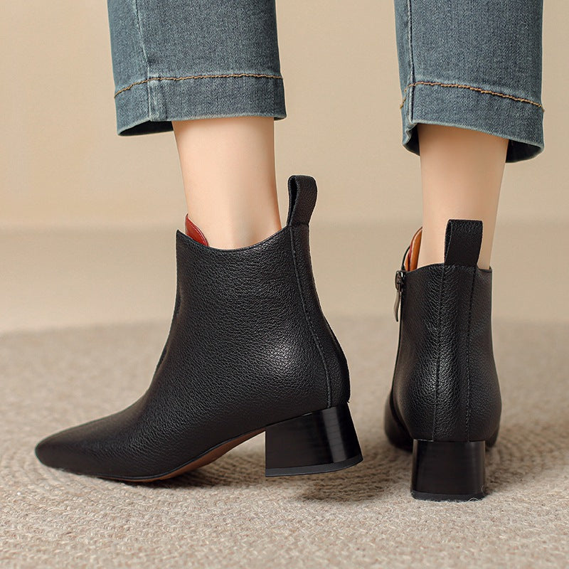 Womens Retro Square-Toe Sheepskin Chunky-Heel Ankle Boots