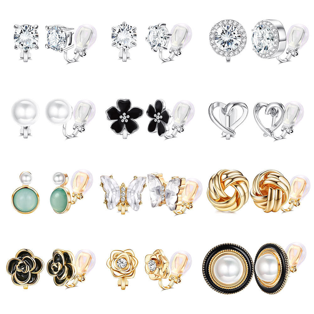 Womens Butterfly Flower Pearl Clip-On Earring Set