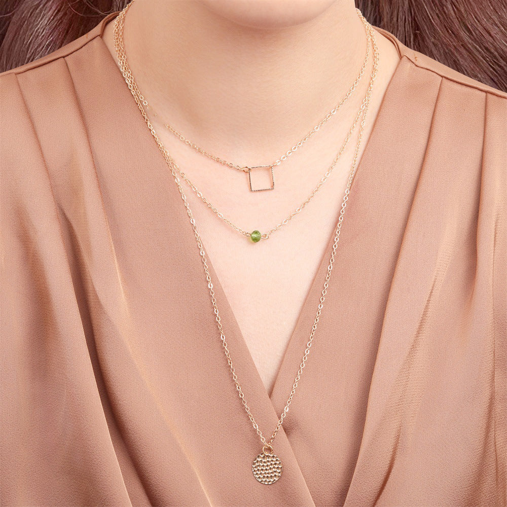 Fashionable Green Diamond Disc Square Alloy Necklace With 3 Layers
