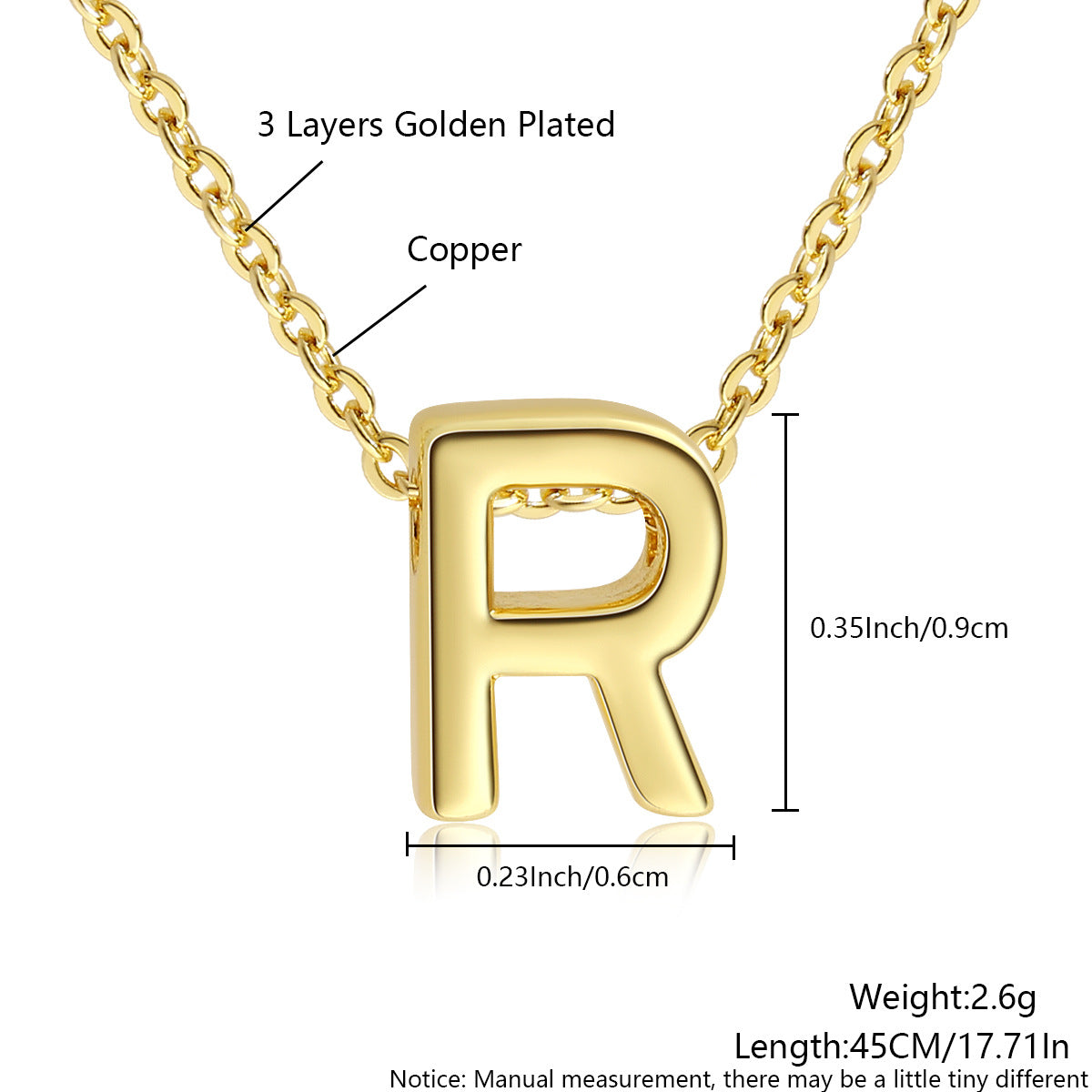 Gold-Plated Copper Necklace With 26 Uppercase English Letters Finely Polished Perforated Pendant On An Exquisite Chain