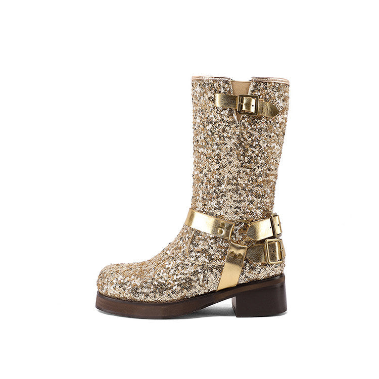 Womens Leather Mid-Calf Boots With Sequin Belt Buckles
