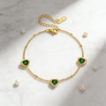 Stainless Steel Necklace And Bracelet With Inlaid Green Diamond Hearts