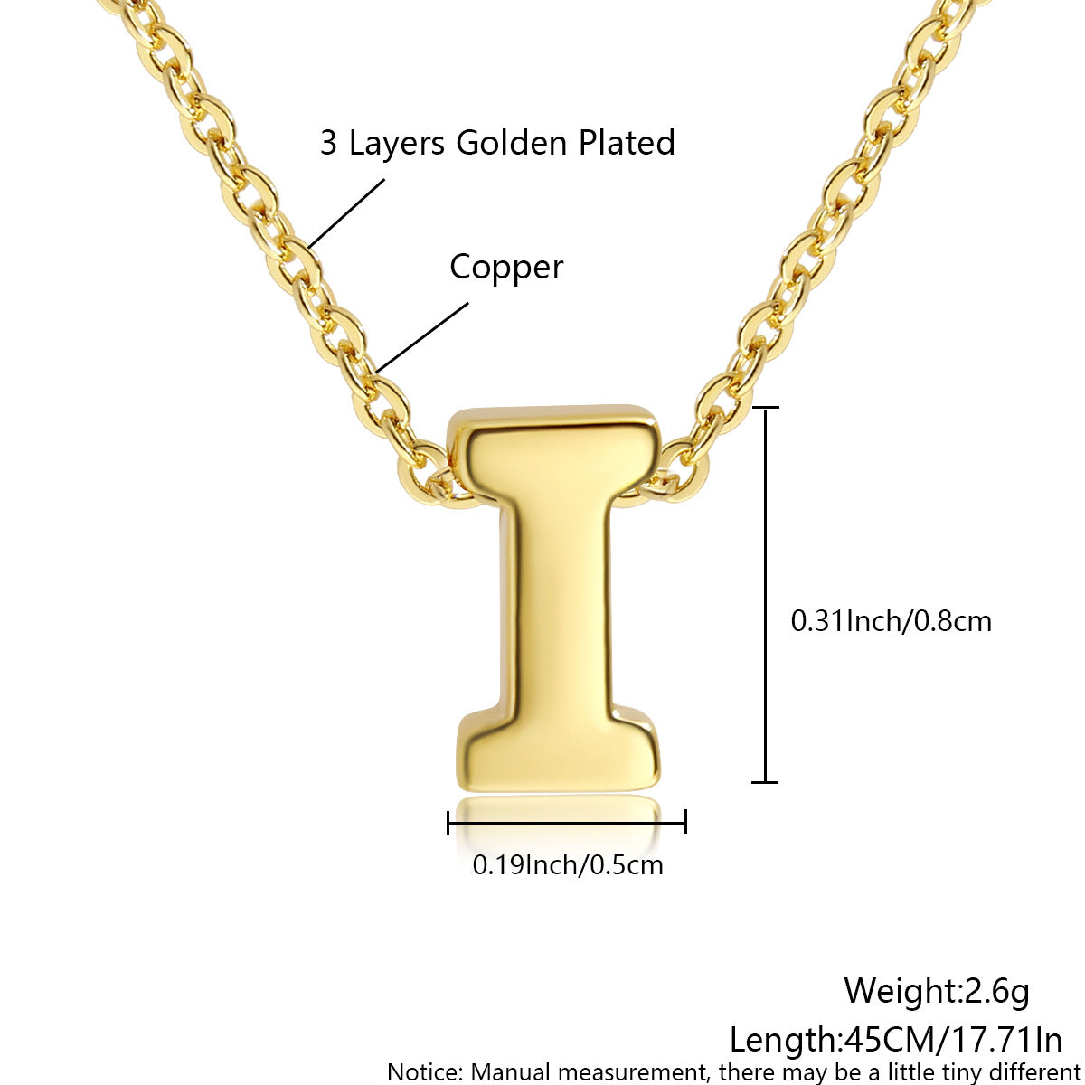 Gold-Plated Copper Necklace With 26 Uppercase English Letters Finely Polished Perforated Pendant On An Exquisite Chain