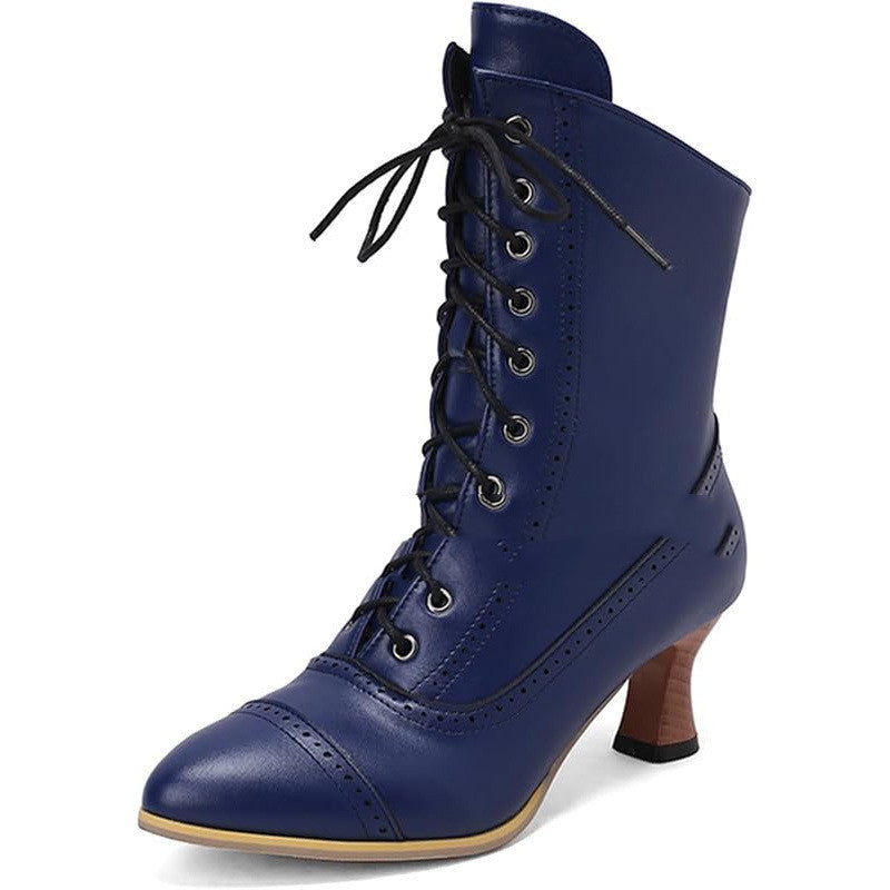 Womens Vintage Granny Renaissance-style Ankle Boots Low-heeled Lace-up Booties With Zippers