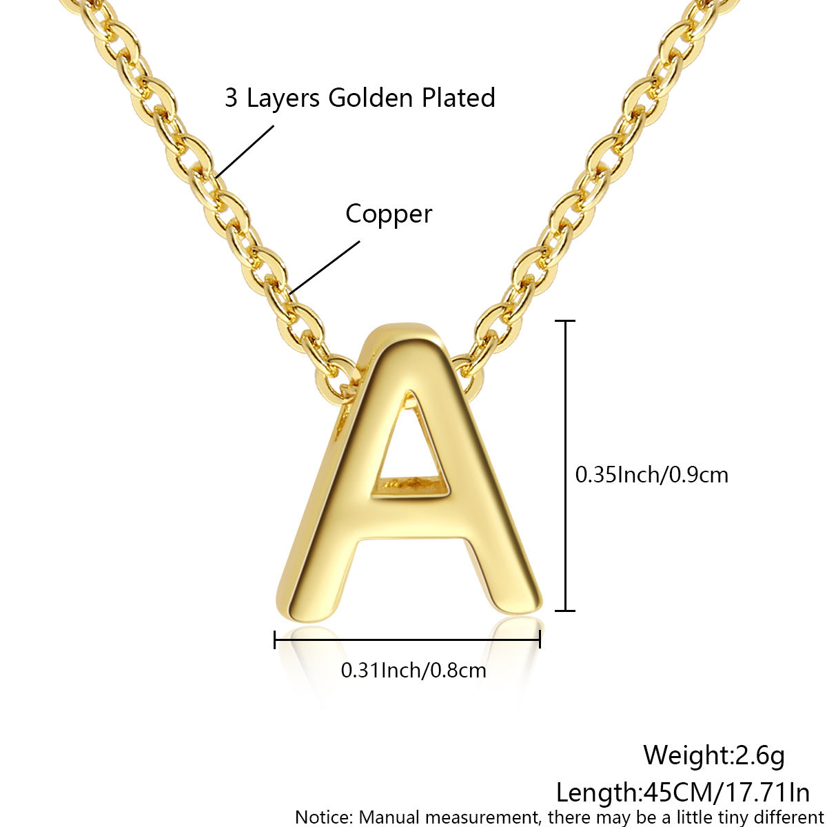 Gold-Plated Copper Necklace With 26 Uppercase English Letters Finely Polished Perforated Pendant On An Exquisite Chain