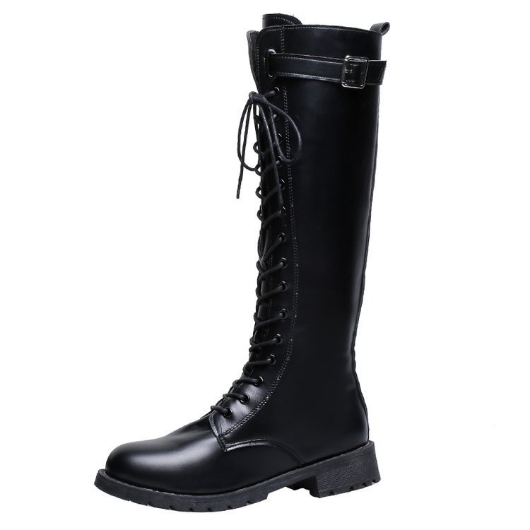 Womens Mid-heel High Boots With Laces And Buckles