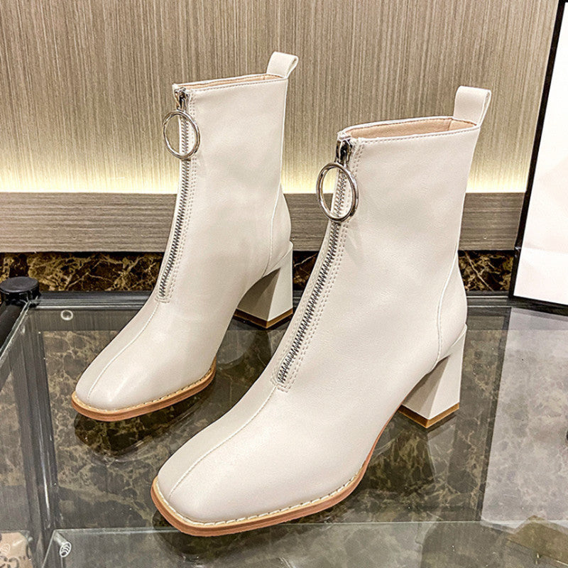 Womens Square-Toe Leather Chunky-Heel Boots In British Style