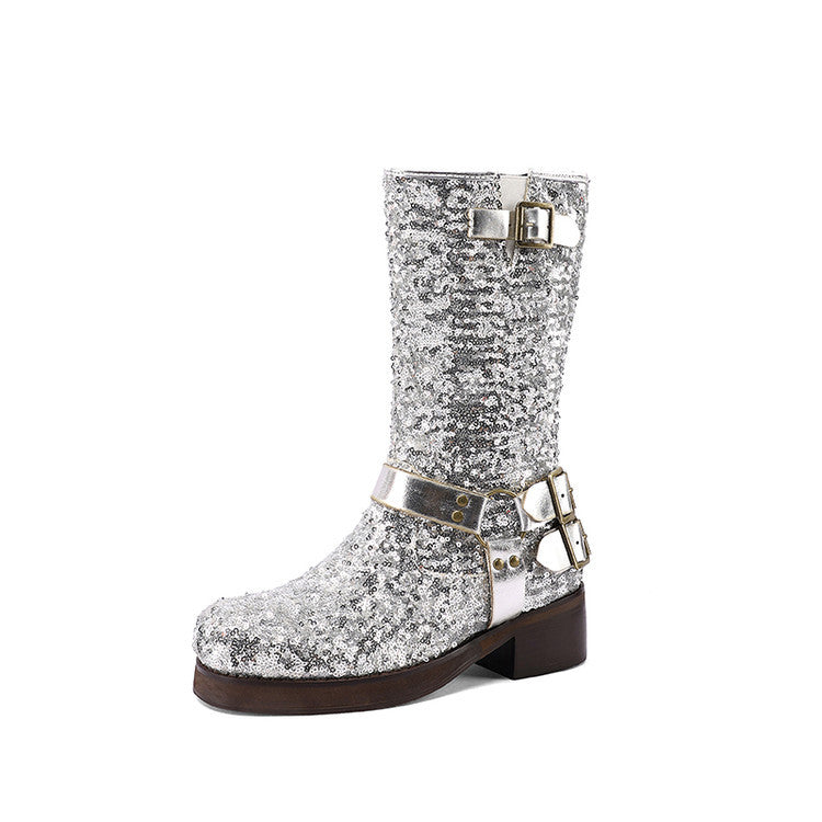 Womens Leather Mid-Calf Boots With Sequin Belt Buckles