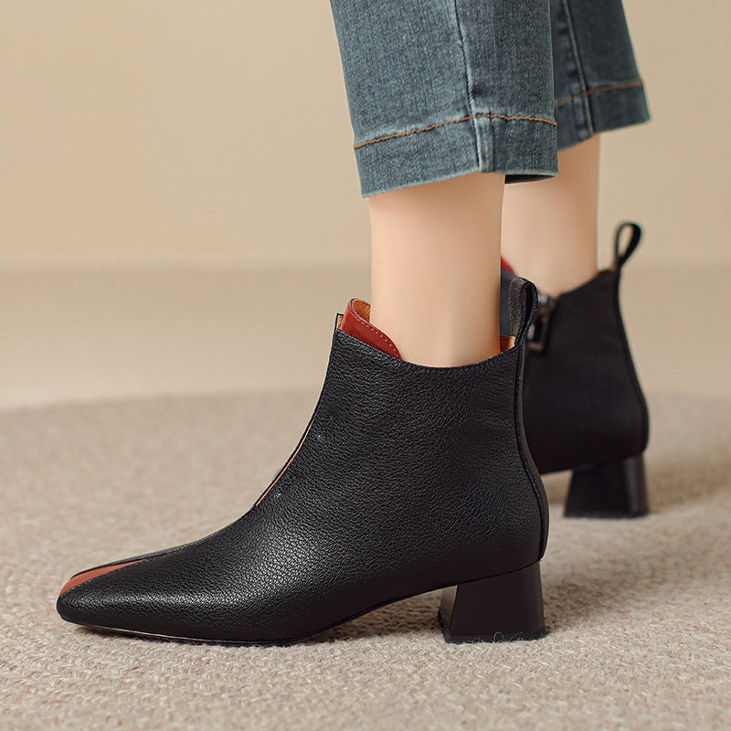 Womens Retro Square-Toe Sheepskin Chunky-Heel Ankle Boots