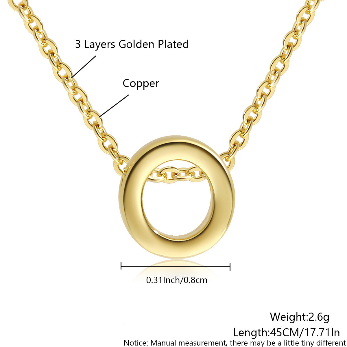 Gold-Plated Copper Necklace With 26 Uppercase English Letters Finely Polished Perforated Pendant On An Exquisite Chain