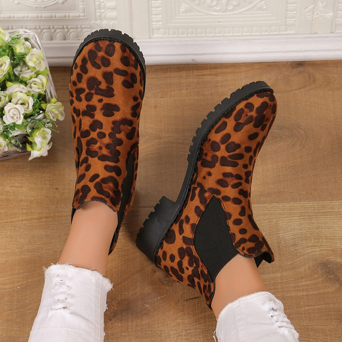 New Autumn Mid-Heel Leopard-Print Casual Womens Boots