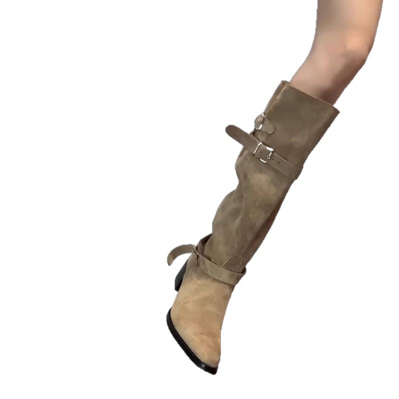 Autumn Khaki Suede Pointed-Toe Boots With Chunky Heels For Women