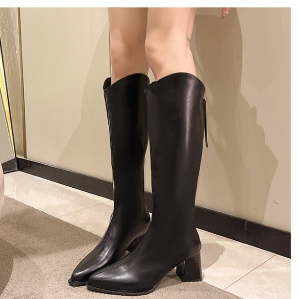 FallWinter Plus-Size Womens Chunky-Heel Pointed-Toe Mid-Calf Fashion Boots In A Casual Style