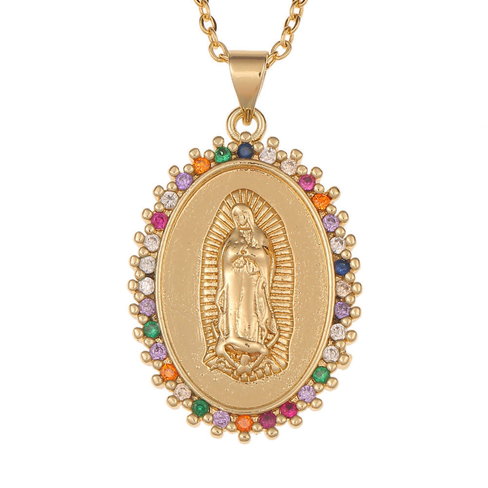 Oval Shell Madonna Pendant Gold Necklace