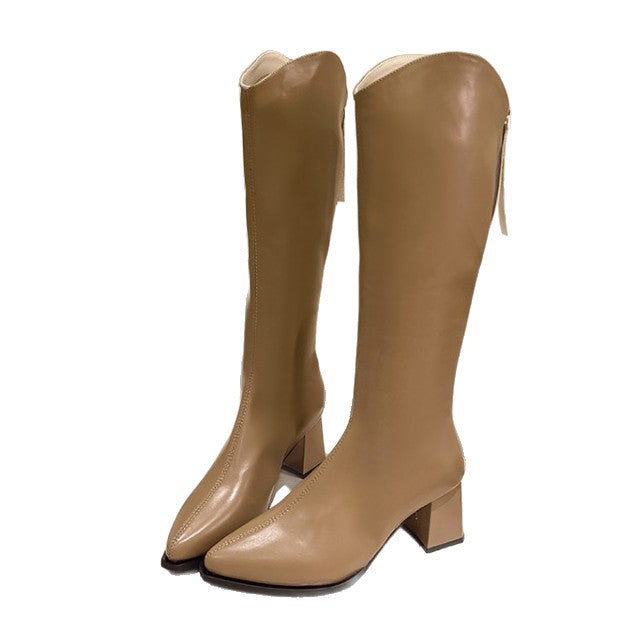 FallWinter Plus-Size Womens Chunky-Heel Pointed-Toe Mid-Calf Fashion Boots In A Casual Style