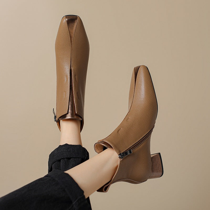 Womens Retro Square-Toe Sheepskin Chunky-Heel Ankle Boots