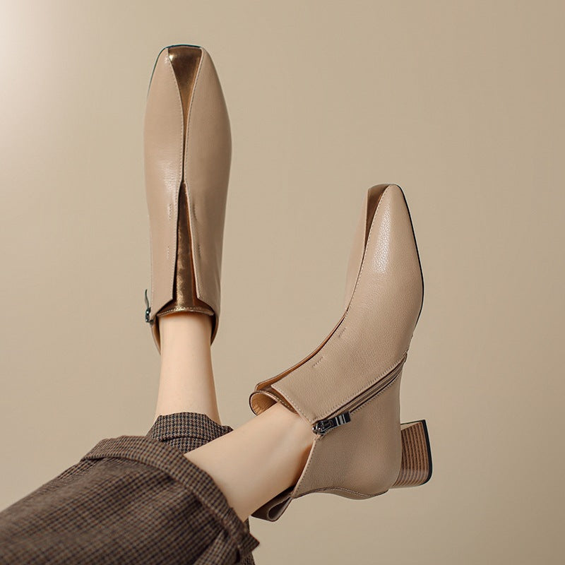 Womens Retro Square-Toe Sheepskin Chunky-Heel Ankle Boots