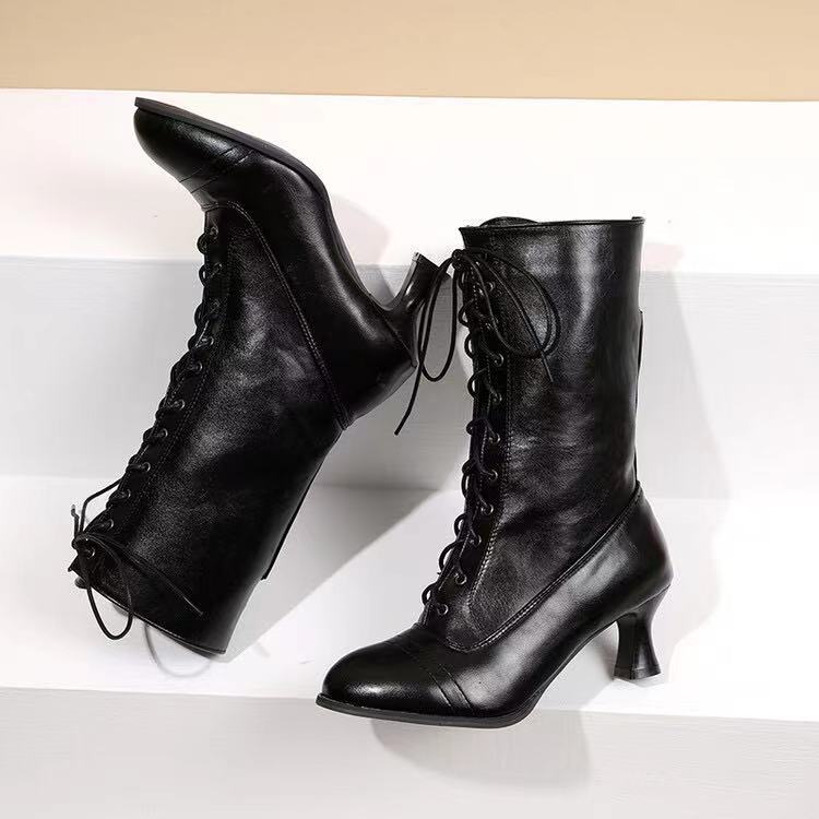 Cross-front Lace-up Low-heeled Womens Mid-calf Boots
