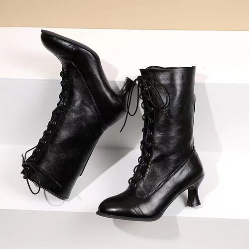 Cross-front Lace-up Low-heeled Womens Mid-calf Boots