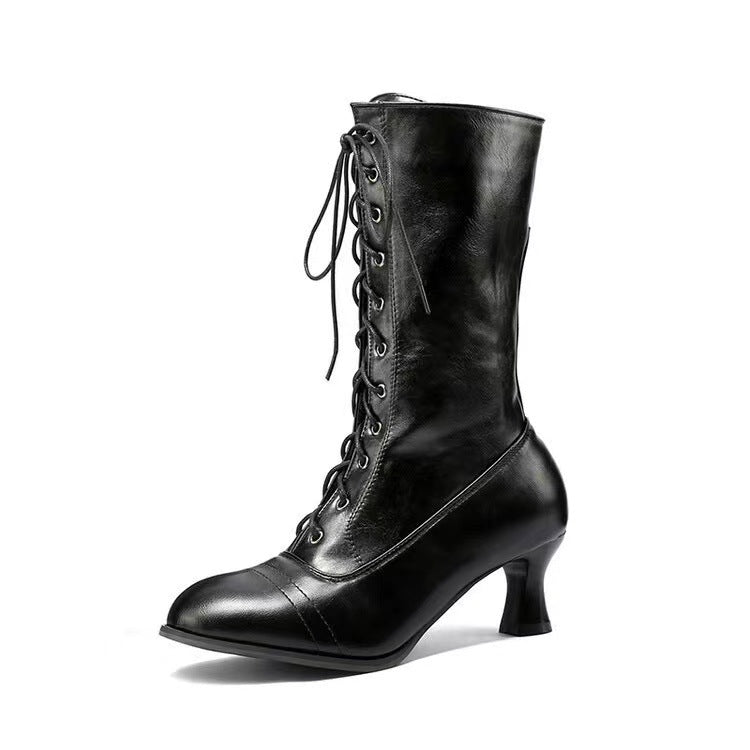 Cross-front Lace-up Low-heeled Womens Mid-calf Boots