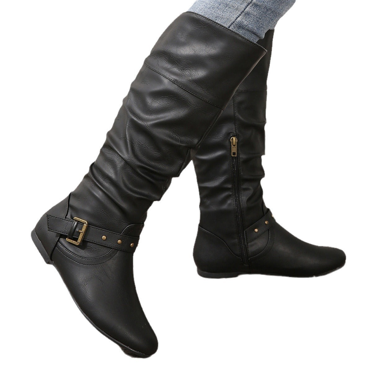 Retro-cuff Leather Belt-buckle Round-toe Womens Boots