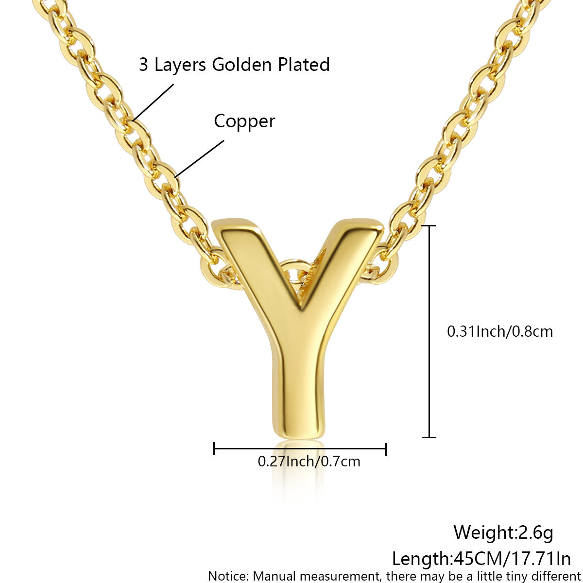 Gold-Plated Copper Necklace With 26 Uppercase English Letters Finely Polished Perforated Pendant On An Exquisite Chain