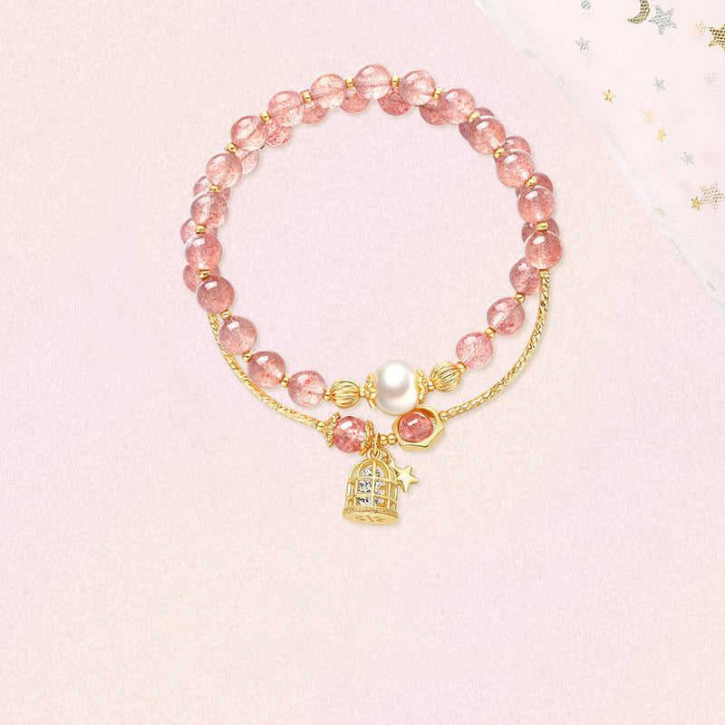 Womens Peach Blossom Strawberry Quartz Bracelet